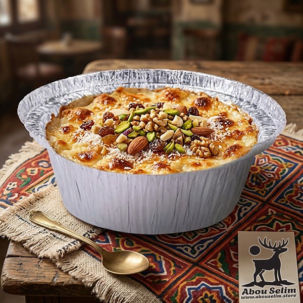 طبق فويل دائري أبو سليم 190 | للفرن والحلويات - عبوة 10 قطع 2 تحضير حلوى أم علي في طبق فويل دائري أبو سليم بشكل شههي